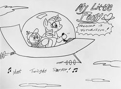 Size: 3169x2340 | Tagged: safe, artist:debmervin, spike, twilight sparkle, alicorn, pony, g4, clothes, cloud, crossover, elroy jetson, futuristic, george jetson, high res, monochrome, sky, the jetsons, traditional art, twilight sparkle (alicorn)