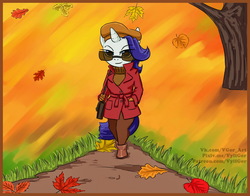 Size: 1500x1174 | Tagged: safe, artist:vylfgor, rarity, anthro, unguligrade anthro, g4, autumn, beret, boots, clothes, female, hat, leaves, pants, purse, shoes, signature, smiling, solo, sunglasses, sweater, tree, trenchcoat, turtleneck, walking