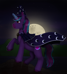 Size: 2000x2210 | Tagged: safe, artist:69beas, oc, oc only, oc:neon eclipse, pony, unicorn, cape, clothes, colored hooves, commission, cutie mark, dark, digital art, hat, high res, hoof fluff, hooves, magic, magic glow, male, moon, pose, raised hoof, rock, solo, stallion, wizard hat