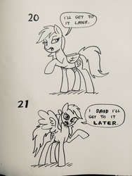 Size: 640x853 | Tagged: safe, artist:docwario, rainbow dash, pegasus, pony, g4, dashtober, dialogue, female, later, looking at you, mare, procrastination, sketch, solo, speech bubble, traditional art