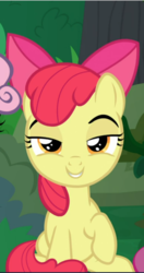 Size: 498x942 | Tagged: safe, screencap, apple bloom, earth pony, pony, g4, the big mac question, cropped, female, filly, lidded eyes, offscreen character, raised hoof, she knows, sitting, smiling, smirk, smug, solo focus