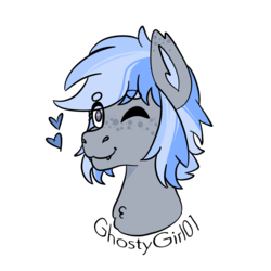 Size: 1500x1500 | Tagged: safe, artist:ghostygirl01, artist:ghostygirl02, oc, oc only, bat pony, pony, bat pony oc, bust, female, freckles, heart, mare, one eye closed, simple background, solo, text, transparent background, wink