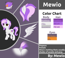 Size: 4000x3542 | Tagged: safe, artist:mewio, oc, oc:mewio, pegasus, pony, cutie mark, dock, female, looking at you, mare, orange eyes, purple mane, reference sheet, text, white coat, wings