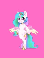 Size: 1072x1429 | Tagged: safe, artist:siripim111, princess celestia, alicorn, semi-anthro, g4, arm hooves, bipedal, chest fluff, cute, cutelestia, cutie mark, female, hoof shoes, looking at you, mare, pink background, simple background, smiling, solo, standing