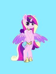 Size: 1100x1465 | Tagged: safe, artist:siripim111, princess cadance, alicorn, semi-anthro, g4, arm hooves, bipedal, blaze (coat marking), chest fluff, coat markings, colored wings, crown, cute, cutedance, cutie mark, facial markings, female, hoof shoes, jewelry, looking at you, mare, markings, multicolored wings, regalia, simple background, smiling, solo, standing, wings