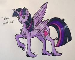 Size: 998x801 | Tagged: safe, artist:mesuyoru, mean twilight sparkle, alicorn, pony, g4, the mean 6, chest fluff, cloven hooves, evil grin, female, grin, horn, mare, mean six, messy mane, purple coat, smiling, solo, traditional art, twilight sparkle (alicorn), unshorn fetlocks, wings, you need me
