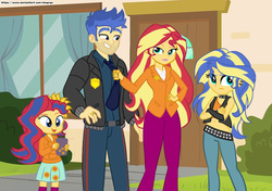Size: 1500x1053 | Tagged: safe, artist:chuyryu, flash sentry, sunset shimmer, oc, oc:aura dawn, oc:evening glow(chuyryu), equestria girls, g4, belly button, father and child, father and daughter, female, future, male, mama sunset, mother and child, mother and daughter, offspring, older, older flash sentry, older sunset, parent:flash sentry, parent:sunset shimmer, parents:flashimmer, principal sunset, ship:flashimmer, shipping, siblings, sisters, straight