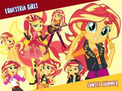 Size: 1440x1080 | Tagged: safe, artist:famousmari5, artist:keronianniroro, artist:sugar-loop, artist:twilirity, artist:whalepornoz, sunset shimmer, pony, unicorn, equestria girls, equestria girls specials, g4, game stream, let it rain, my little pony equestria girls: better together, my little pony equestria girls: forgotten friendship, my little pony equestria girls: legend of everfree, bikini, camp everfree outfits, camper, clothes, cute, cutie mark, female, geode of empathy, guitar, headphones, looking at you, magical geodes, mare, musical instrument, open mouth, pants, ponied up, shoes, shorts, skirt, super ponied up, swimsuit, vector, wallpaper