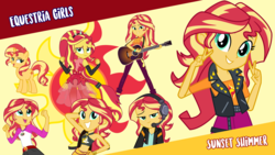 Size: 1920x1080 | Tagged: safe, artist:famousmari5, artist:keronianniroro, artist:sugar-loop, artist:twilirity, artist:whalepornoz, sunset shimmer, pony, unicorn, equestria girls, equestria girls specials, g4, game stream, let it rain, my little pony equestria girls: better together, my little pony equestria girls: forgotten friendship, my little pony equestria girls: legend of everfree, bikini, camp everfree outfits, camper, clothes, cute, cutie mark, female, geode of empathy, guitar, headphones, looking at you, magical geodes, mare, musical instrument, open mouth, pants, ponied up, shoes, shorts, skirt, super ponied up, swimsuit, vector, wallpaper