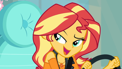 Size: 1920x1080 | Tagged: safe, screencap, sunset shimmer, driving miss shimmer, equestria girls, equestria girls series, g4, cute, driving miss shimmer: fluttershy, female, fluttershy's car, geode of empathy, magical geodes, open mouth, seatbelt, shimmerbetes, smiling, solo, steering wheel
