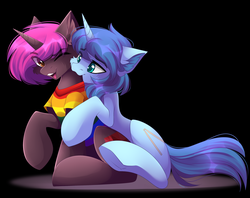 Size: 2665x2115 | Tagged: safe, artist:airiniblock, oc, oc only, oc:patches pinkgem, oc:rattamacue, pony, unicorn, clothes, cute, duo, femboy, gay, happy, high res, hug, male, neck biting, pride, rainbow, shirt, smiling