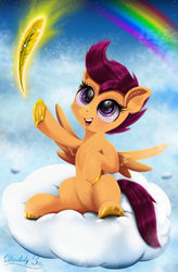 Size: 2929x4464 | Tagged: safe, artist:darksly, scootaloo, pegasus, pony, g4, blushing, cloud, cutie mark, feather, female, filly, foal, hooves, horseshoes, on a cloud, open mouth, rainbow, scootaloo can fly, sitting, sitting on a cloud, solo, spread wings, teeth, wings