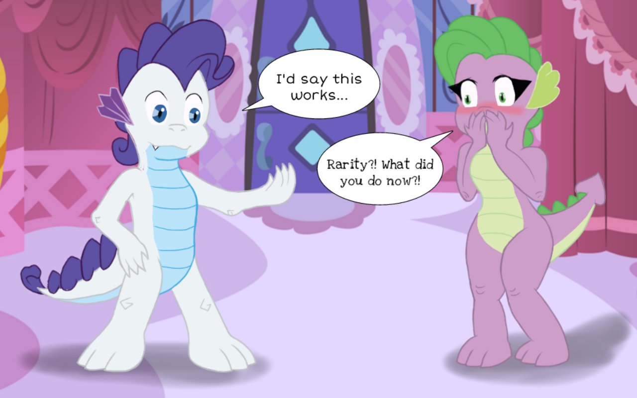 2175905 - safe, artist:edmopysun, rarity, spike, dragon, g4, barb,  blushing, carousel boutique, dragoness, dragonified, elusive, female, male,  raridragon, rule 63, species swap, transformation, transgender  transformation - Derpibooru