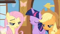 Size: 1280x720 | Tagged: safe, screencap, applejack, cotton (g4), fluttershy, seabreeze, twilight sparkle, alicorn, breezie, earth pony, pegasus, pony, g4, it ain't easy being breezies, animated, blushing, breezish, female, fluttershy's cottage (interior), implied swearing, implied vulgar, male, mare, sound, twilight sparkle (alicorn), webm