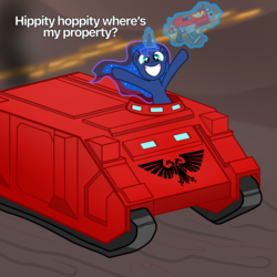 Size: 3000x3000 | Tagged: safe, alternate version, artist:pizzamovies, princess luna, alicorn, pony, g4, blood ravens, bloody magpies, bolter, caption, female, gun, high res, irrational exuberance, magic, meme, metal bawkses, rhino tank, show accurate, smiling, solo, space marine, tank (vehicle), telekinesis, therussianbadger, warhammer (game), warhammer 40k, weapon