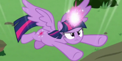 Size: 600x300 | Tagged: safe, screencap, twilight sparkle, alicorn, pony, the ending of the end, angry, cropped, determined, glowing horn, horn, spread wings, twilight sparkle (alicorn), wings