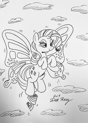 Size: 2738x3806 | Tagged: safe, artist:debmervin, rarity, pony, g4, female, glimmer wings, high res, monochrome, solo, traditional art, wings