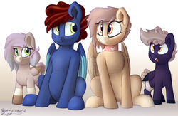 Size: 1920x1250 | Tagged: safe, artist:perezadotarts, oc, pegasus, pony, colored, digital art, drawing, fanart, female, filly, group, looking at each other, request, requested art, simple background, smiling, wings