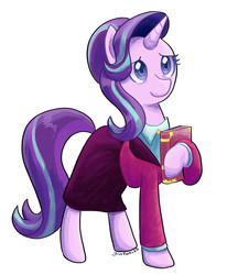 Size: 1460x1770 | Tagged: safe, artist:gintoki23, starlight glimmer, pony, unicorn, g4, the last problem, book, clothes, female, headmare starlight, older, older starlight glimmer, skirt, smiling, solo, suit