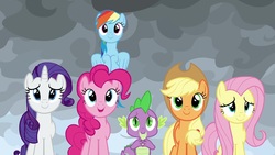 Size: 1920x1080 | Tagged: safe, screencap, applejack, fluttershy, pinkie pie, rainbow dash, rarity, spike, pony, g4, the ending of the end