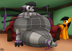 Size: 2499x1777 | Tagged: safe, artist:the-furry-railfan, octavia melody, oc, oc:twintails, dragon, original species, pegasus, pony, g4, bagpipe dragon, bagpipes, belly, couch, dragonified, food, impossibly large belly, indoors, inflation, mug, musical instrument, sitting, species swap, squishy, story included, tartan, tea, transformation