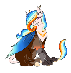 Size: 2243x2324 | Tagged: safe, artist:fuyusfox, oc, oc only, draconequus, hybrid, ethereal mane, fangs, female, hair over one eye, high res, interspecies offspring, multicolored hair, obtrusive watermark, offspring, parent:discord, parent:princess celestia, parents:dislestia, rainbow hair, simple background, smiling, solo, starry mane, watermark, white background