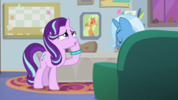 Size: 1920x1080 | Tagged: safe, screencap, starlight glimmer, pony, unicorn, g4, student counsel, bracelet, couch, female, floppy ears, jewelry, mare, open mouth, raised hoof, solo, starlight's office