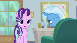 Size: 1280x720 | Tagged: safe, screencap, starlight glimmer, trixie, pony, g4, student counsel, couch, floppy ears, starlight's office