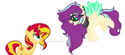 Size: 1024x450 | Tagged: dead source, safe, artist:yourrdazzle, sunset shimmer, oc, oc:serenity sound, pegasus, pony, g4, female, glasses, mare, simple background, transparent background, two toned wings, wings