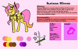 Size: 1024x651 | Tagged: safe, artist:oneiria-fylakas, oc, oc only, oc:katana bloom, pony, unicorn, engrish, female, mare, reference sheet, solo