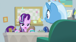 Size: 1920x1080 | Tagged: safe, screencap, starlight glimmer, trixie, pony, student counsel, bracelet, couch, geode, inkwell, jewelry, quill, starlight's office