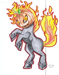 Size: 800x1018 | Tagged: safe, artist:misschang, oc, oc only, oc:headless unicorn, headless horse, pony, unicorn, fire, headless, mane of fire, marker drawing, pumpkin head, solo, tail on fire, traditional art