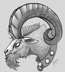 Size: 800x880 | Tagged: safe, artist:zetamad, grogar, sheep, g4, antagonist, beard, collar, eyebrows, facial hair, fangs, frown, grayscale, horns, male, monochrome, pencil drawing, ram, shading, signature, simple background, sketch, solo, traditional art