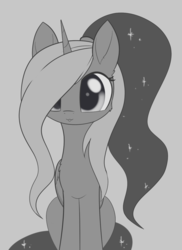 Size: 981x1350 | Tagged: safe, artist:dusthiel, princess luna, alicorn, pony, g4, :3, :p, alternate hairstyle, cheek fluff, cute, ear fluff, female, grayscale, hair over one eye, inktober, lunabetes, mare, monochrome, ponytail, sitting, solo, tongue out