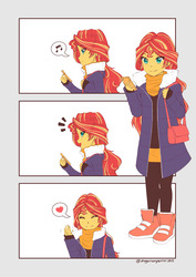 Size: 1791x2529 | Tagged: safe, artist:deeemperor, sunset shimmer, human, equestria girls, g4, anime, cellphone, clothes, coat, cute, eyes closed, female, handbag, heart, looking at you, music notes, phone, pictogram, scarf, shimmerbetes, shoes, smiling, solo, speech bubble, waving