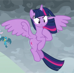 Size: 936x922 | Tagged: safe, screencap, gallus, twilight sparkle, alicorn, pony, g4, the ending of the end, cropped, determined, female, flying, hoof on chest, solo focus, spread wings, twilight sparkle (alicorn), twilight sparkle is not amused, unamused, windswept mane, wings