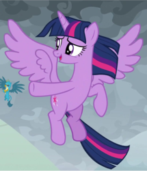 Size: 794x923 | Tagged: safe, screencap, gallus, twilight sparkle, alicorn, pony, g4, the ending of the end, cropped, female, flying, open mouth, pointing, smiling, solo focus, spread wings, twilight sparkle (alicorn), windswept mane, wings