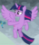 Size: 794x923 | Tagged: safe, screencap, gallus, twilight sparkle, alicorn, pony, g4, my little pony: friendship is magic, the ending of the end, cropped, female, flying, open mouth, pointing, smiling, solo focus, spread wings, twilight sparkle (alicorn), windswept mane, wings