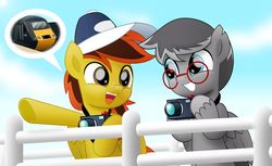 Size: 800x491 | Tagged: safe, artist:jhayarr23, oc, oc only, pegasus, pony, camera, cap, glasses, hat, movie accurate, train