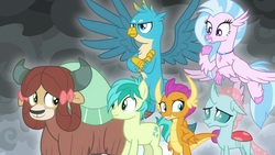 Size: 1920x1080 | Tagged: safe, screencap, gallus, ocellus, sandbar, silverstream, smolder, yona, changedling, changeling, classical hippogriff, dragon, griffon, hippogriff, pony, yak, g4, the ending of the end, student six