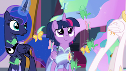 Size: 1920x1080 | Tagged: safe, screencap, princess celestia, princess luna, twilight sparkle, alicorn, bird, butterfly, pony, spider, star spider, g4, the last problem, alternate hairstyle, clothes, coronation dress, dress, ethereal mane, eyeshadow, faceless female, female, flowing mane, folded wings, gasping, glowing horn, hoof shoes, horn, magic, makeup, mare, offscreen character, raised hoof, retirement, royal sisters, smiling, trio, twilight sparkle (alicorn), wings