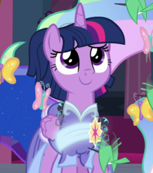 Size: 1600x1800 | Tagged: safe, screencap, twilight sparkle, alicorn, bird, butterfly, hummingbird, pony, spider, star spider, g4, the last problem, alternate hairstyle, clothes, cropped, cute, dress, female, second coronation dress, solo, twiabetes, twilight sparkle (alicorn)