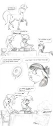 Size: 950x2250 | Tagged: safe, artist:baron engel, apple bloom, applejack, oc, oc:petina, earth pony, pony, unicorn, g4, bow, colored hooves, concave belly, donut, eating, female, filly, foal, food, glowing horn, grayscale, hair bow, horn, magic, mare, monochrome, pencil drawing, simple background, slender, telekinesis, thin, traditional art, white background