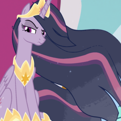 Size: 960x960 | Tagged: safe, edit, edited screencap, screencap, mean twilight sparkle, twilight sparkle, alicorn, pony, g4, the last problem, the mean 6, canterlot castle, cropped, crown, ethereal mane, female, flowing mane, hoof shoes, jewelry, older, older twilight, older twilight sparkle (alicorn), princess mean twilight 2.0, princess twilight 2.0, raised eyebrow, regalia, sitting, solo, story in the comments, throne, throne room, twilight sparkle (alicorn), wings, xk-class end-of-the-world scenario