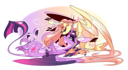 Size: 2383x1312 | Tagged: safe, artist:marbola, fluttershy, twilight sparkle, alicorn, pegasus, pony, g4, digital art, female, leonine tail, lesbian, looking at each other, mare, on back, pale belly, ship:twishy, shipping, sitting, smiling, twilight sparkle (alicorn), unshorn fetlocks