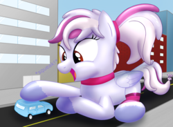 Size: 2778x2043 | Tagged: safe, artist:bladedragoon7575, oc, oc only, oc:windbreaker, balloon pony, inflatable pony, pegasus, pony, balloon, car, city, commission, female, giant pony, high res, macro, mare, open mouth, solo, squeak, vehicle