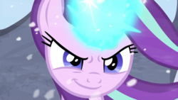 Size: 1271x715 | Tagged: safe, screencap, starlight glimmer, pony, g4, the ending of the end, badass, confident, female, fight, glowing horn, horn, magic, put it on my tab, smiling, smirk, snow, solo, windswept mane
