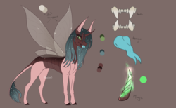 Size: 1900x1173 | Tagged: source needed, safe, artist:rxsiex3, oc, oc only, oc:rosebud, changedling, changeling, insect, pony, unicorn, changedling oc, changeling oc, leonine tail, reference sheet, solo