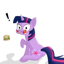Size: 4000x4000 | Tagged: safe, artist:postnoxious, twilight sparkle, pony, g4, burger, eating, food, hay burger, looking at you, messy eating, sitting, stains, surprised, sweat, twilight burgkle