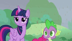 Size: 1920x1080 | Tagged: safe, screencap, pinkie pie, spike, twilight sparkle, alicorn, dragon, pony, g4, the ending of the end, baby, baby dragon, chocolate, chocolate rain, displeased, duo focus, fangs, female, folded wings, food, frown, lidded eyes, male, mare, rain, raised eyebrow, slit pupils, twilight sparkle (alicorn), wings